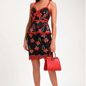 Black and Red Floral Embroidered Peplum Dress